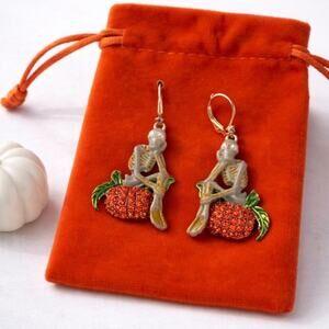 Kirks Folly Skeleton Pumpkin Earrings Halloween Rhinestone Enamel Dangle Whimsy